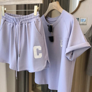 Ensemble décontracté pour femmes en lavande, t-shirt à manches courtes avec poche, short à jambes larges, tricot en coton, tenue d'été en deux pièces - Product Image 1