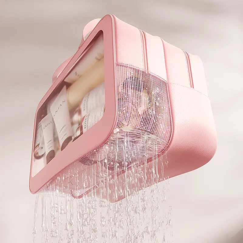 OurLove Großhandel Pink PU Leder Reise zubehör Mesh Toiletry Organizer Kosmetik tasche Klare Schmink tasche