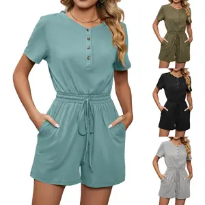 Conyson New Arrival Spring Summer Solid Color Loose Short Sleeve Button Lace-up With Pockets Elegant Rompers Women Jumpsuit