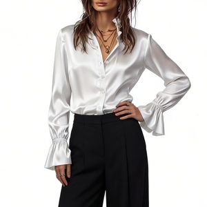 Women's Satin Ruffle Collar Sleeve Blouse - Button Front Casual <b>Top</b> Shirt Fashion - Product Image 2