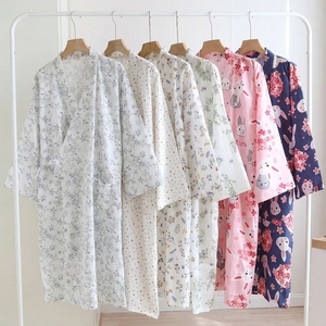 Pure Cotton Gauze Women's Sleep Robe, Japanese-style Kimono Bathrobe with Sash, Long-sleeve Cotton Linen Long Gown, Sleepwear