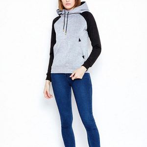 Sudadera con Capucha Gris para Mujer, con Mangas Negras, Color Sólido, Tejida, Informal, para Otoño, Transpirable, Corte Regular - Product Image 1