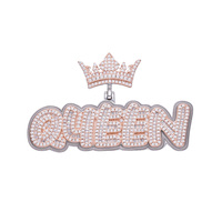Pendentif Hip Hop Couronne en Laiton Plaqué Or Rose 18K avec Lettre Initiale Cursive et Diamants CZ Sertis, Cadeau de Fête