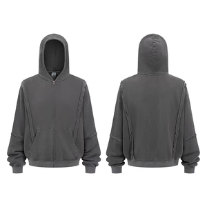 Ropa de calle personalizada bordada peso pesado sol desteñido <span class=keywords><strong>Zip</strong></span> up lavado ácido sudadera con diamantes de imitación Boxy recortada angustia sudaderas con capucha para hombres - Product Image 3