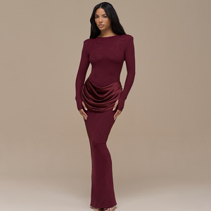 Robe de soirée pour femme, couleur unie, col rond, manches longues, drapée, ajustée, style sirène, tenue de soirée formelle - Product Image 1