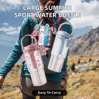 Botol Minum Plastik Kapasitas Besar untuk Olahraga Luar Ruangan, Hiking, Pernikahan, Musim Panas, dengan Sedotan, Cangkir Minum Portabel, Dua Fungsi, Motif Bunga