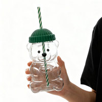 Gobelet en verre Little Bear transparent, de haute qualité, portable, avec couvercle à paille intégré, motif dessin animé mignon, pour lait, boissons et eau, idéal comme cadeau