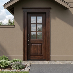 Puerta de Entrada Principal de Madera Sólida de Nogal Oscuro con Panel de Vidrio de 6 Paneles Estilo Americano con Cerradura Inteligente - Product Image 3