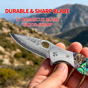 Cuchillo Plegable Táctico de Supervivencia para Camping al Aire Libre con Hoja de Acero de Damasco OEM y Mango de Abulón - Product Image 6