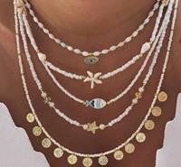 Collar Bohemio Colorido de Moda con Cuentas de Arroz, Estrella de Mar y Turquesa, Chapado en Oro de 18K, Joyería para Mujer