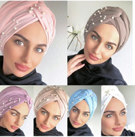 Moda Musulmana, Turbante Elástico de Jersey con Perlas para Mujer, Hiyab Islámico, Gorro Musulmán, Pañuelo para la Cabeza, Sombrero Indio, Turbante