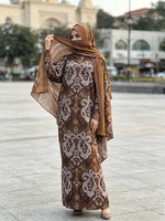 Ensemble Abaya Bohème Imprimé en Lin à Manches Chauve-Souris 2 Pièces, Robe Longue Ethnique Musulmane avec Hijab Assorti, Vêtements Islamiques d'Été pour Femmes de Dubaï