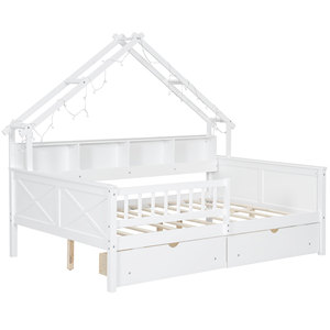 Children's Bed With Bookshelf <b>Storage</b> Drawers And Lights White Solid Wood <b>Kids</b> Bedroom Furniture - Product Image 5