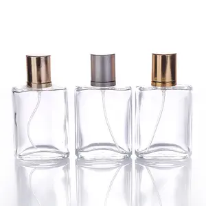 Botella de perfume de vidrio esmerilado con forma cuadrada, 30ml, 50ml, 100ml, bomba de pulverización color gris plateado, gran oferta