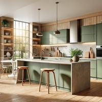 Armoires de cuisine modulaires personnalisées en contreplaqué avec plan de travail en pierre de quartz et îlot pour projets résidentiels modernes