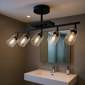 Luminaire de salle de bain en verre transparent à 5 lumières, projecteur de plafond en métal rotatif multidirectionnel, lumière de vanité de piste réglable - Product Image 2