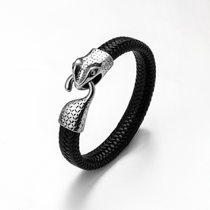 Joyería de cuero trenzado de moda, brazalete de cuero genuino de serpiente pitón de acero inoxidable plateado, pulsera de hombre - Product Image 1