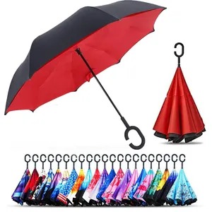 Invers sunshade inside out hands free upside-down c handle smart double canopy layer inverted reverse umbrella logo printing