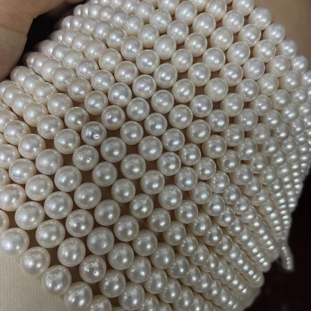 9-10mm full hole white round shape AAA natural freshwater pearls strands necklace