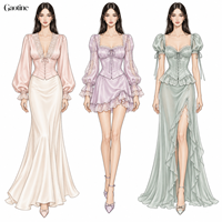 Robe de bal personnalisée OEM ODM pour femme, style soirée, crème, lilas, sauge, avec manches bouffantes, corsage corset, taille basque et jupe en satin, vente en gros