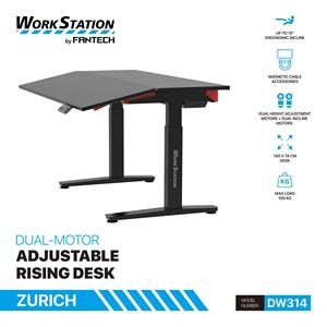 Bureau électrique inclinable et réglable en hauteur Fantech DW314 140x78cm, double moteur, commande intelligente, ergonomique, noir - Product Image 1