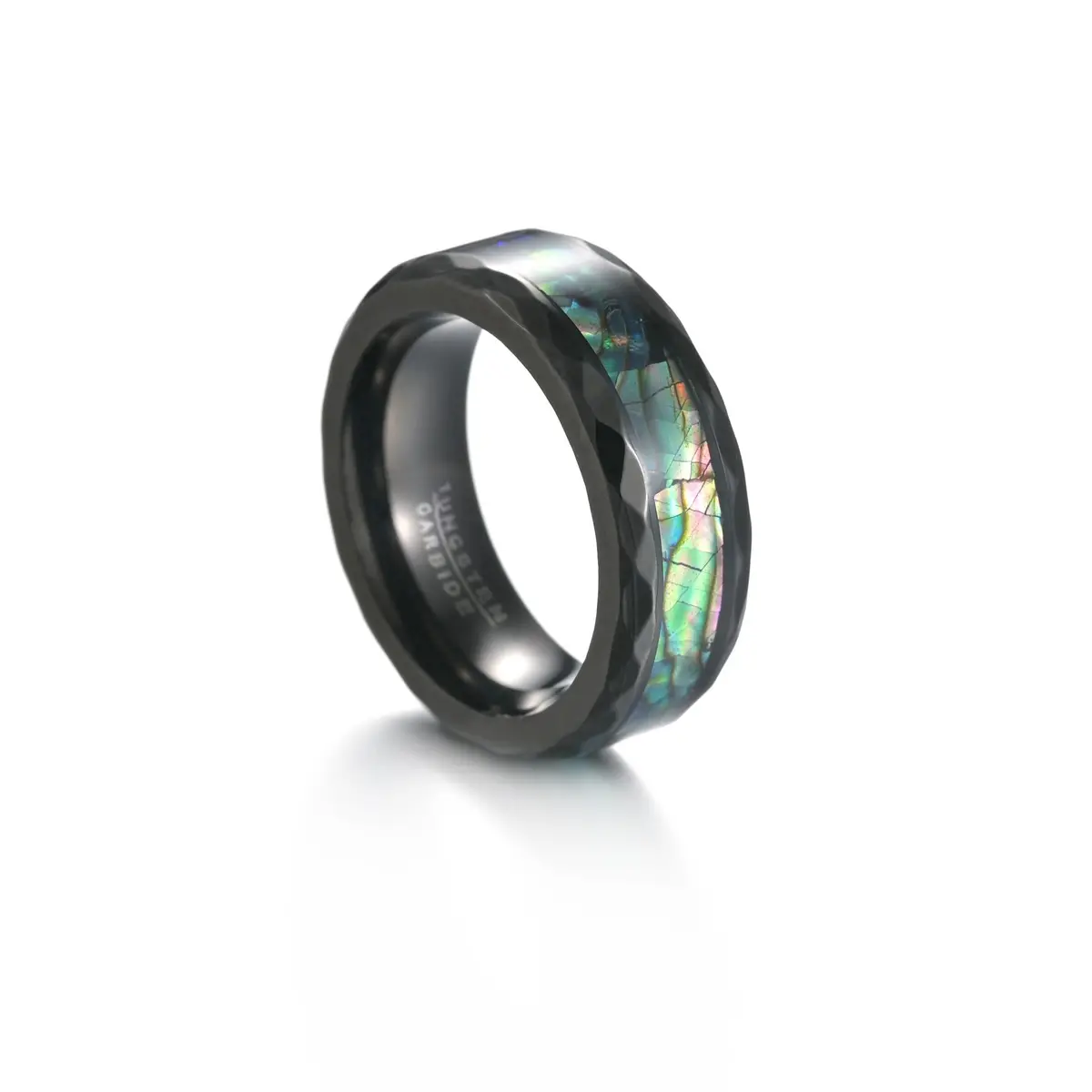 Yiwu DAICY, anillo de tungsteno de 8mm de alta calidad, anillo de concha de abulón con borde cortado con anillo de banda para hombre chapado en negro para regalo