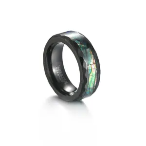 Yiwu DAICY High Quality 8mm Tungsten Ring Cut edge abalone shell ring with black plated men band ring for gift