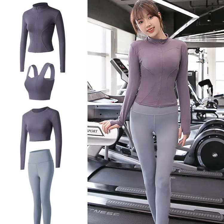 2023 High Quality Seamless Sports Clothes Tops Wear 4 Piece Set Ladies Yoga Gym Set Women Workout Jacket Pant T Shirt Sets