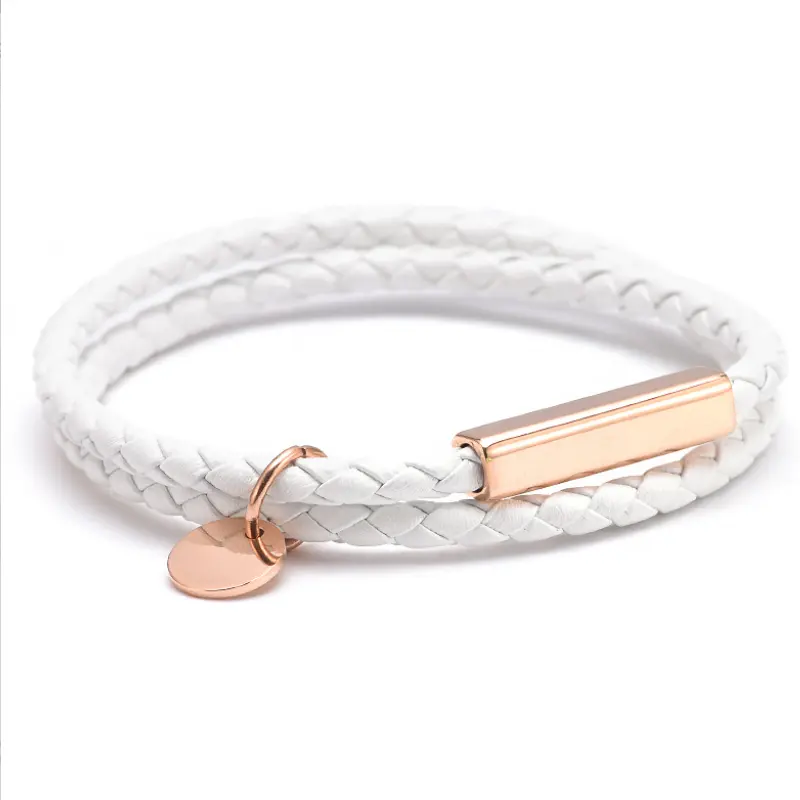 Cuerda de cuero trenzada de doble bucle, pulsera blanca y negra, Simple, personalizada, de acero inoxidable, pulsera de moda con hebilla magnética