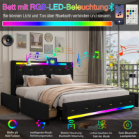 Plongez dans la musique avec le lit en velours, les doubles enceintes Bluetooth, les tiroirs dorés et les lumières RGB 400 couleurs Beige Gris Noir