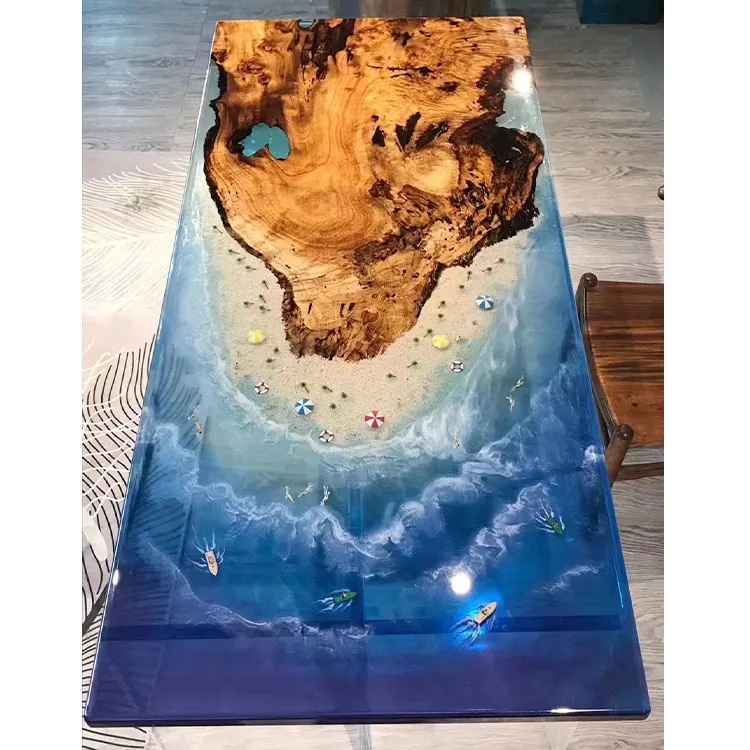 Mesa de madera de resina clásica epoxi, mesa de comedor transparente con borde vivo de Río Azul, nogal, para sus muebles