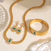 Ensemble de 3 pièces en acier inoxydable plaqué or, forme carrée, incrustation de coquillages, serti de griffes, collier, bracelet et boucles d'oreilles tendance pour femmes