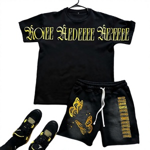 Ensemble T-shirt et short décontracté pour homme, 100 % polyester, délavé à l'acide, effet soleil, col rond, séchage rapide, sérigraphie et broderie - Product Image 1