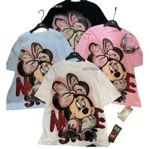 T-<span class=keywords><strong>shirt</strong></span> ample à manches courtes en coton lavé avec sequins et motif dessin animé pour <span class=keywords><strong>femme</strong></span>, version grande taille, haute qualité 2025 - Product Image 5