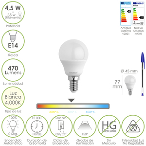 หลอดไฟ LED ทรงกลมแบบเกลียว E14 ขนาด 4.5 วัตต์ เทียบเท่ากับ 35 วัตต์ 470 ลูเมนส์ สีขาวกลาง (4000K) - Product Image 1