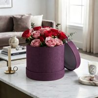Boîte à fleurs ronde violette avec logo personnalisé, boîte à chapeau de luxe en tissu de lin, boîte cylindrique rigide, emballage cadeau en gros