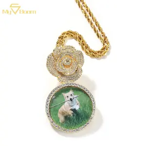 Hip Hop Iced Out Customized Fashionable Flower Rose Gold Jewelry Photo Bling Zircon Brass Pendant Photo Necklaces