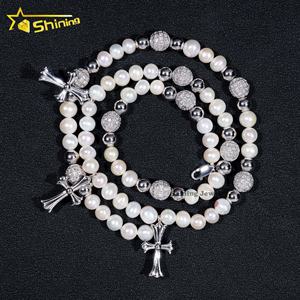 Collana Trendy con Ciondolo a Croce in <span class=keywords><strong>Argento</strong></span> Sterling <span class=keywords><strong>925</strong></span>, Diamante Moissanite VVS, <span class=keywords><strong>Catena</strong></span> Tennis 3MM e Perla <span class=keywords><strong>Rosario</strong></span> 8MM - Product Image 5