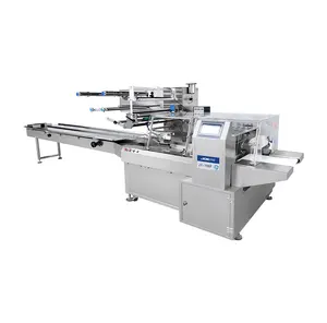 Pillow-type automatic packaging machinery for large packages of paper towels, sanitary napkins and other regular objects.