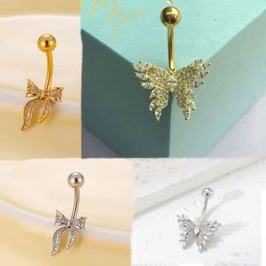 Anneaux de nombril en acier inoxydable avec nœud papillon pour femmes, bijoux de nombril tendance couleur argent et or, sexy, pour fête, avec zircon blanc - Product Image 6