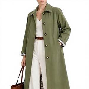 Gabardina Larga Verde Oliva para Mujer, Manga Larga, Cuello con Muescas, Cierre de Botones, Color Sólido, Algodón, Ropa de Abrigo para Otoño - Product Image 1