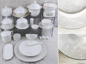 Service de vaisselle chinois, décor paysage montagneux, bordure dorée à la main, vaisselle de luxe pour hôtel, mariage, banquet, restaurant - Product Image 2