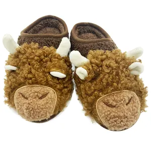Highland Non-slip Winter Fashion Animal Shape Slippers Cow Plush Winter Shoes for Kids Women Men Wholesale Brown Sponge Adults