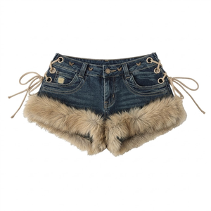 Shorts en jean taille basse Y2K sexy en patchwork fourré, moulants et duveteux, style streetwear cyber hiver pour femme, OEM - Product Image 1