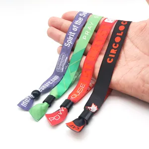 Promotional Eco Friendly Adjustable Plastic Clip Event Party Bracelet Custom Festival Fabric Woven Wristbands