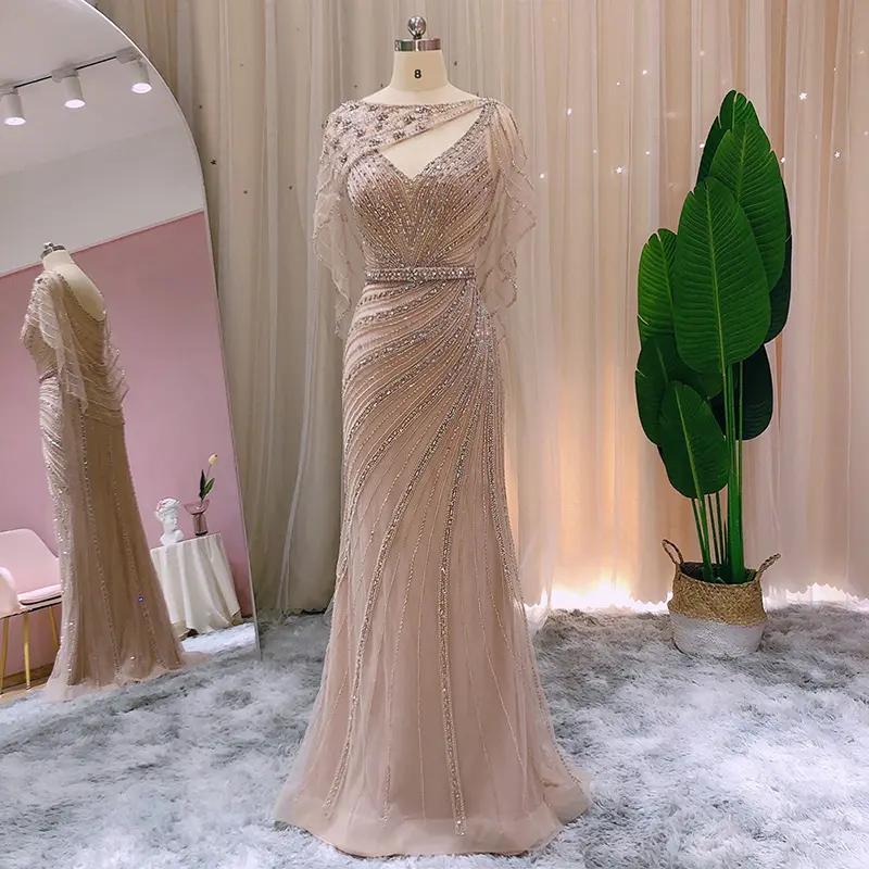 Jancember Luxury Design Champagne Off Shoulder Lace Full Sleeve Mermaid Sequined Fashion Elegant Evening Dress