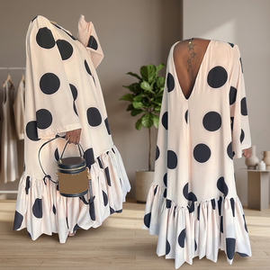 Polka Dot Maxi <b>Dress</b> Women <b>Loose</b> Long Sleeve Deep V Neck Ruffle Hem Chiffon Casual Summer <b>Dress</b> Asymmetric Design - Product Image 4