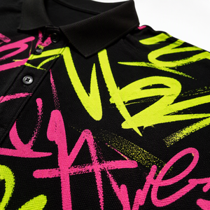Polo Negro para Hombre con Estampado de Grafiti Neón, Manga Corta, Casual, Transpirable, 100% Poliéster, Tela Oxford - Product Image 2