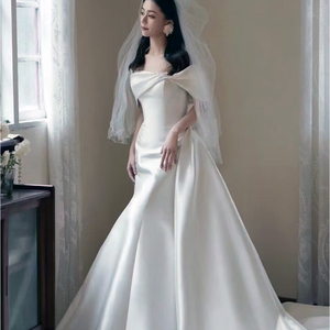 Simple Off Shoulder Sexy Backless Mermaid Soft Satin Wedding Dress <b>Bride</b> <b>Gown</b> Wm80 - Product Image 3