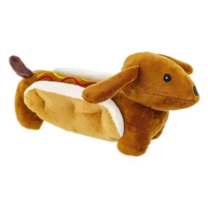10英寸毛绒宠物玩具狗包子热狗带吱吱声毛绒动物玩具互动狗玩具带批发价